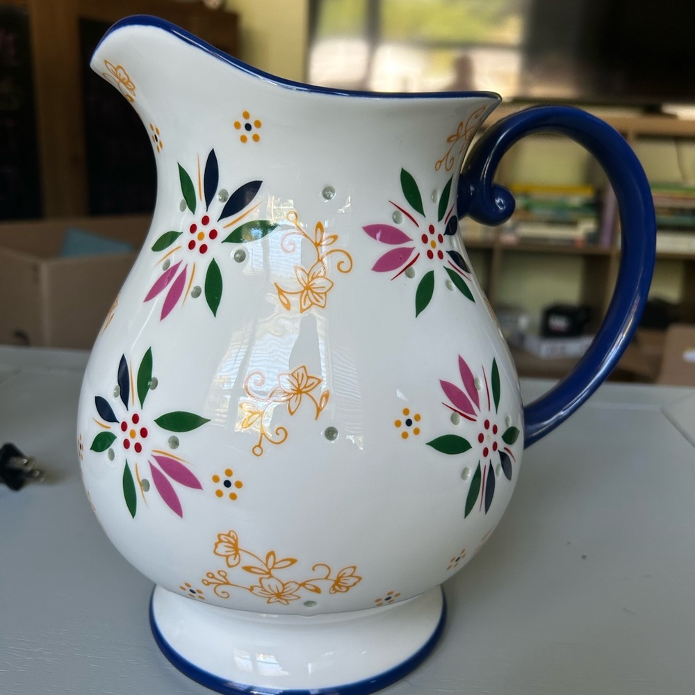 Temp-Tations Pink Floral Ceramic Pitcher with Black Handle